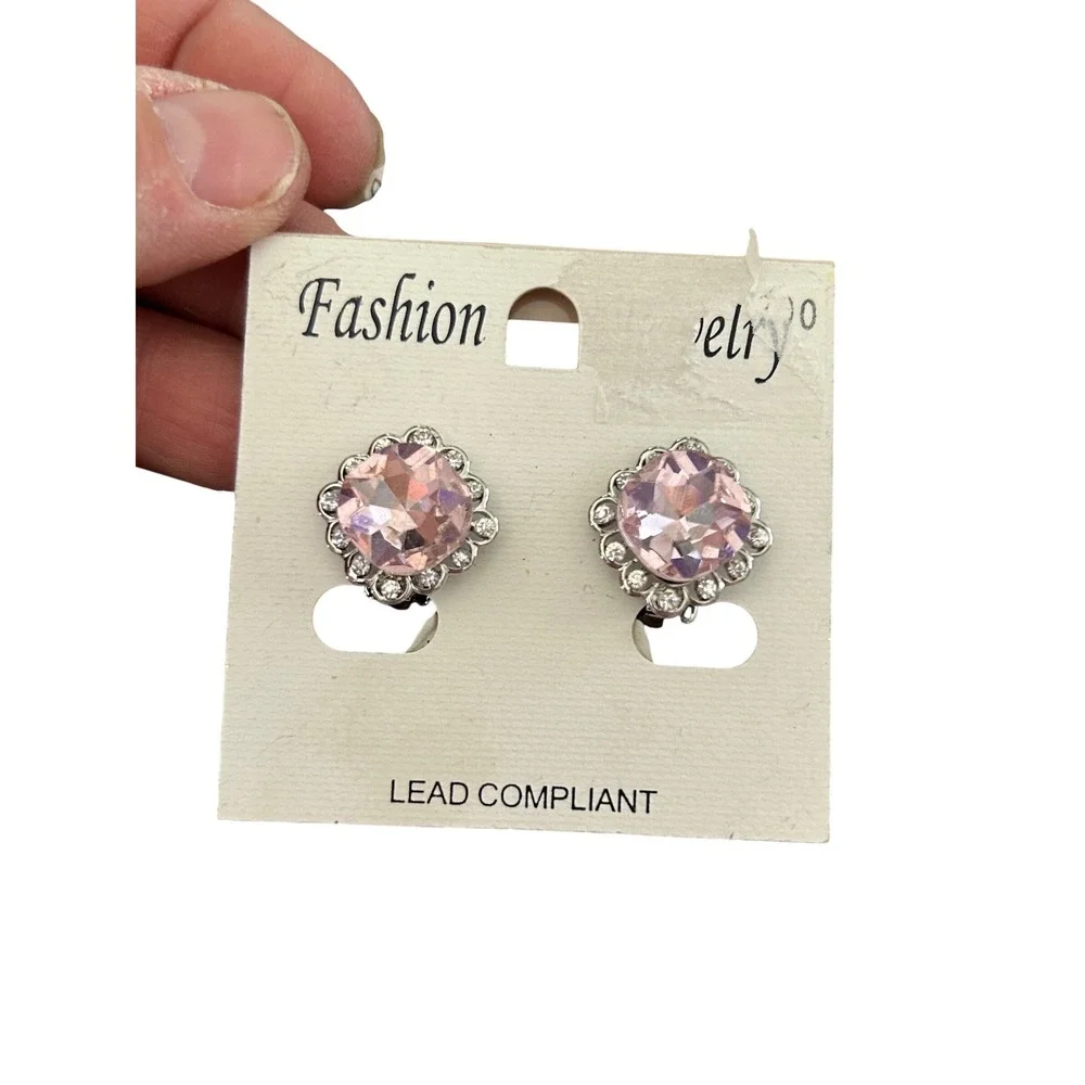 Pink Rhinestone Clip‎ On Earrings Silver Tone Round Halo Vintage Style